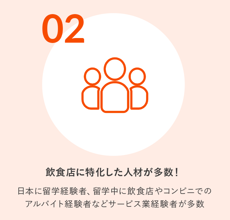 2.飲食店に特化した人材が多数！日本に留学経験者、留学中に飲食店やコンビニでのアルバイト経験者などサービス業経験者が多数